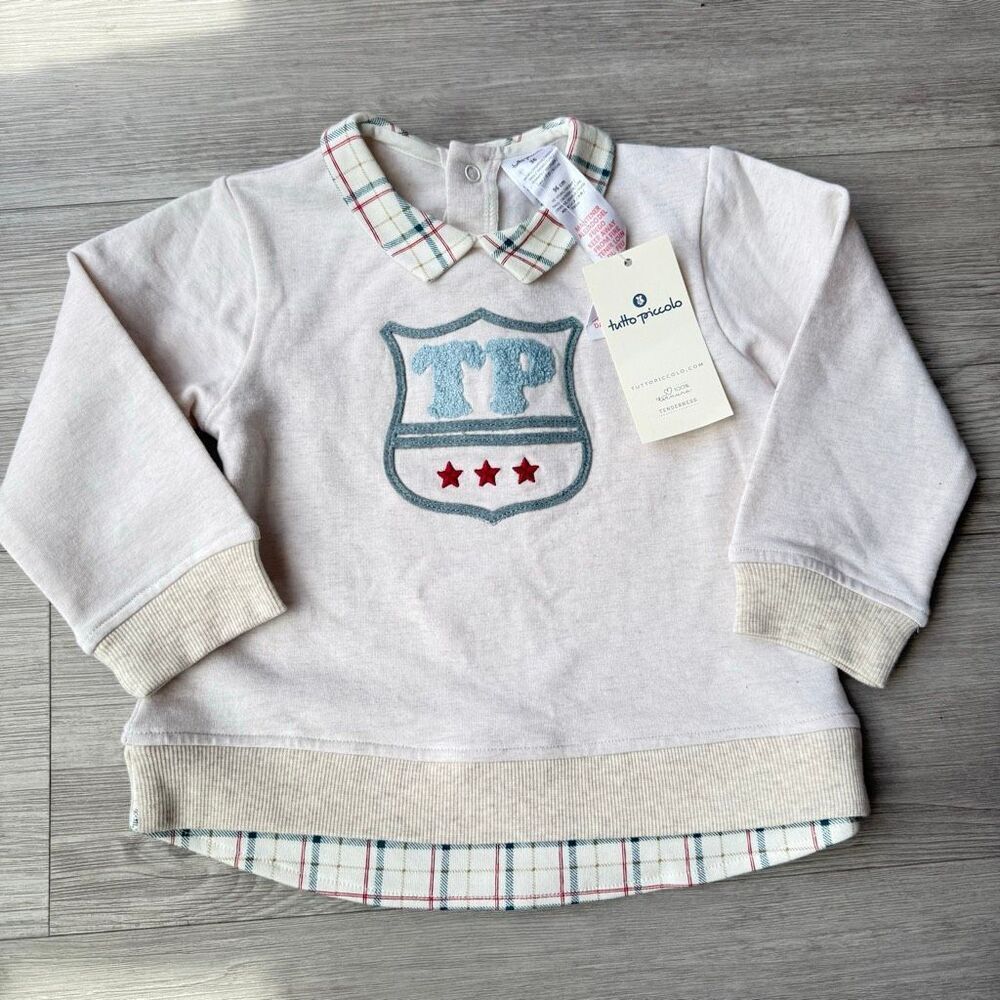 Tutto Piccolo long-sleeve top crest appliqué checkered collar and hem Size 36 mo